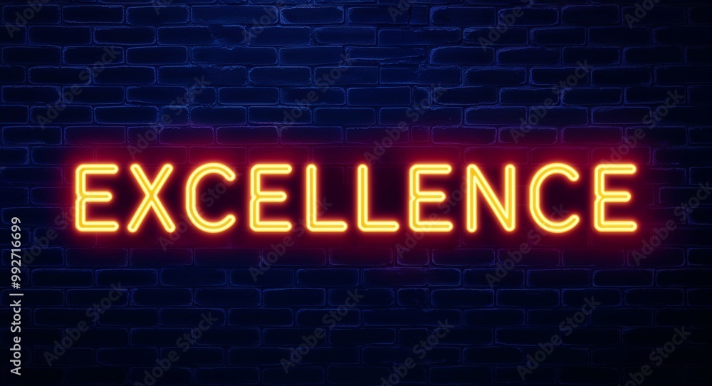 Obraz premium excellence word lettering glowing with neon light on dark brick wall background