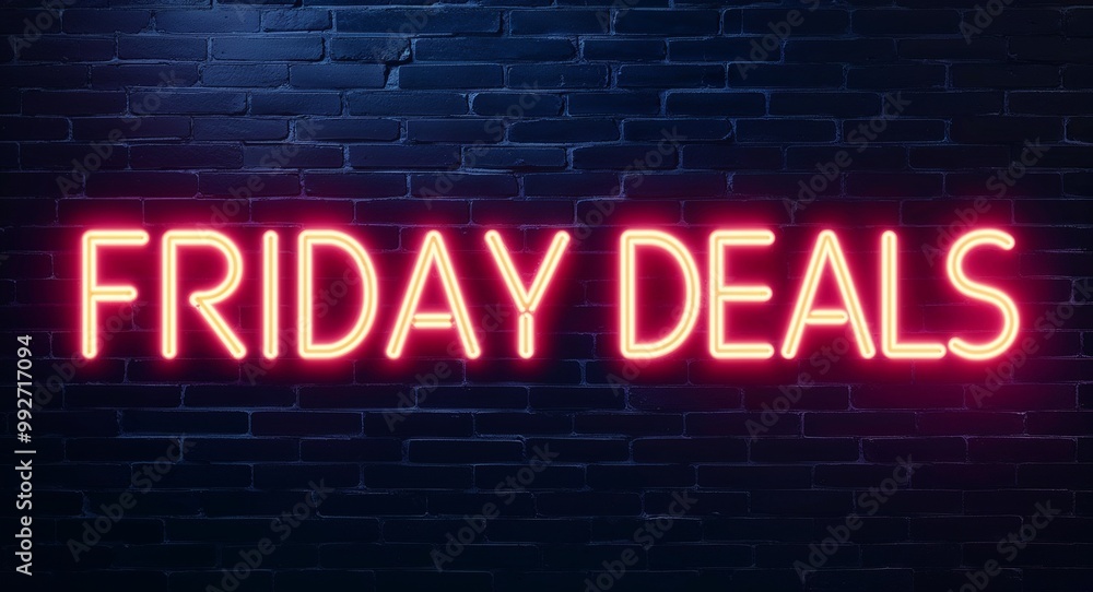Fototapeta premium Friday deals word lettering glowing with neon light on dark brick wall background