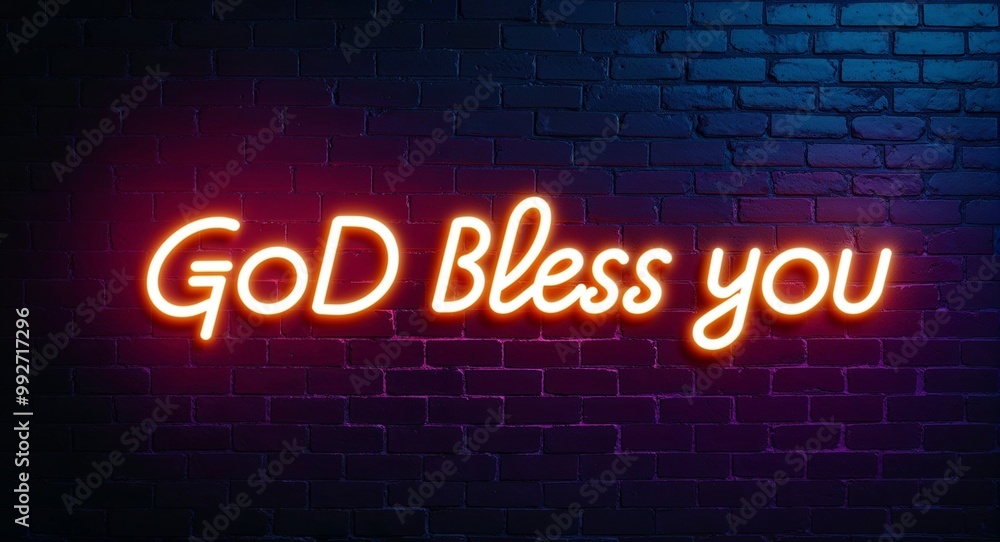 God bless you word lettering glowing with neon light on dark brick wall background God bless you word lettering glowing with neon light on dark brick wall background