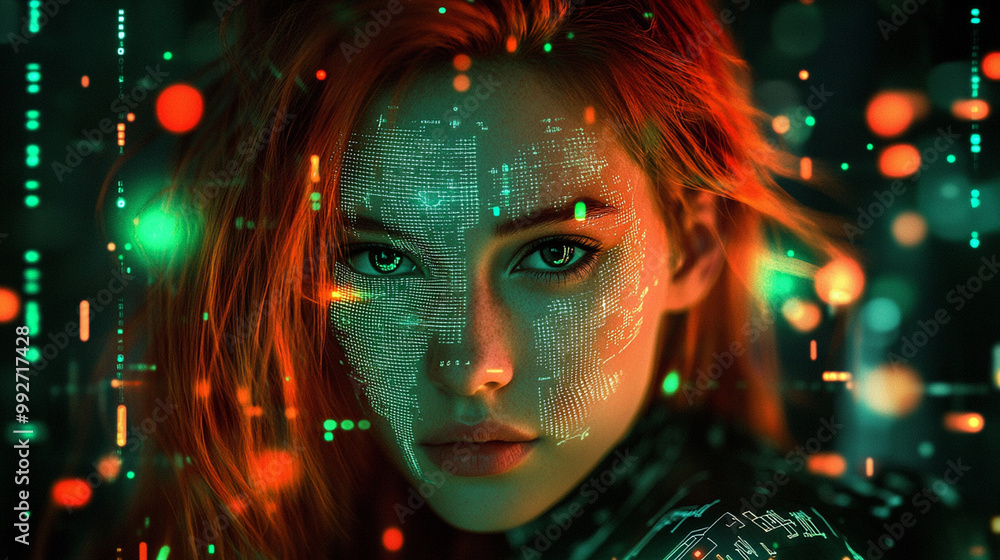 Cyberpunk portrait of redhead woman, double exposure, computer screen. Horizontal banner. Golden and black color scheme
Cyberpunk portrait of redhead woman, double exposure, computer screen. Horizontal banner. Golden and black color scheme