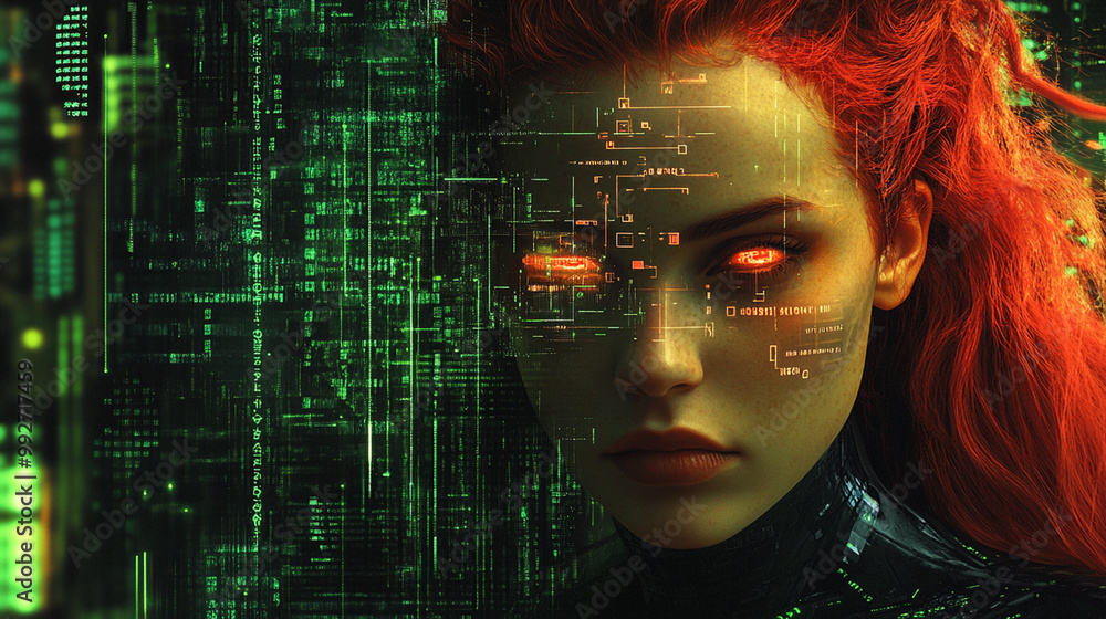 Cyberpunk portrait of redhead woman, double exposure, computer screen. Horizontal banner. Golden and black color scheme
Cyberpunk portrait of redhead woman, double exposure, computer screen. Horizontal banner. Golden and black color scheme