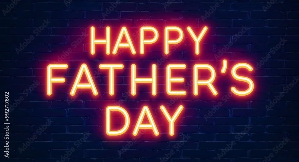 happy fathers day word lettering glowing with neon light on dark brick wall background happy fathers day word lettering glowing with neon light on dark brick wall background
