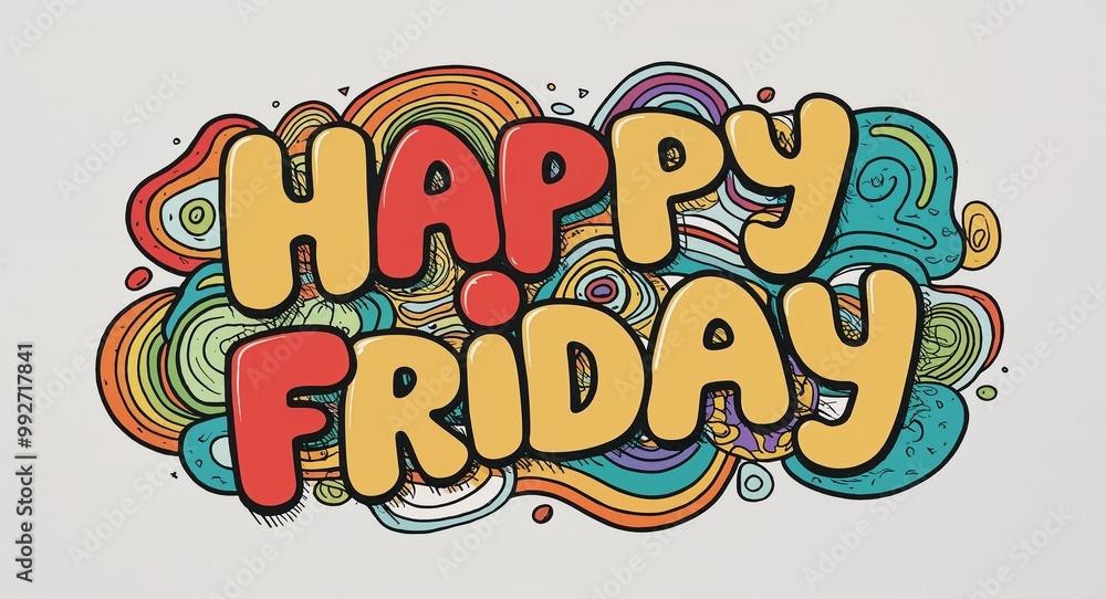 happy Friday word lettering with groovy doodles drawing design on plain white background happy Friday word lettering with groovy doodles drawing design on plain white background