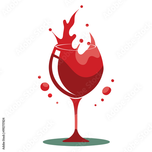 Wine Glass with Splashing Red Wine, vector illustration on white background.