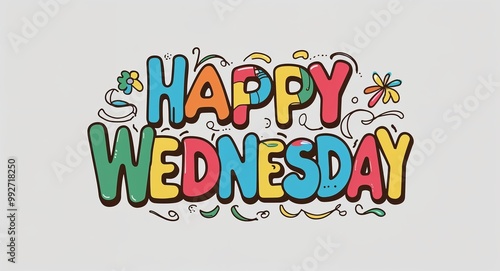 happy Wednesday word lettering with groovy doodles drawing design on plain white background