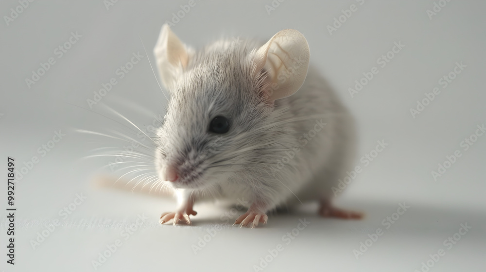 A small gray mouse is standing on a white surface A small gray mouse is standing on a white surface