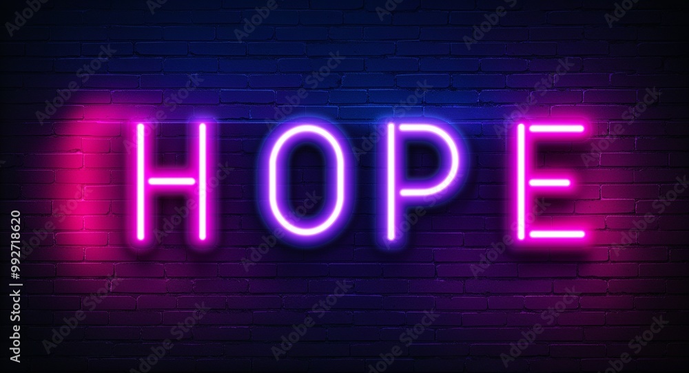 hope word lettering glowing with neon light on dark brick wall background hope word lettering glowing with neon light on dark brick wall background