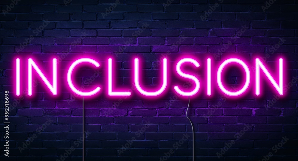 Obraz premium inclusion word lettering glowing with neon light on dark brick wall background