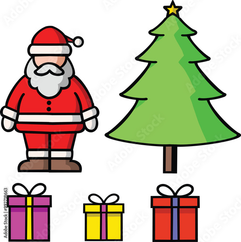 Christmas Day Santa Cross tree and presents gifts minimal design vector colored