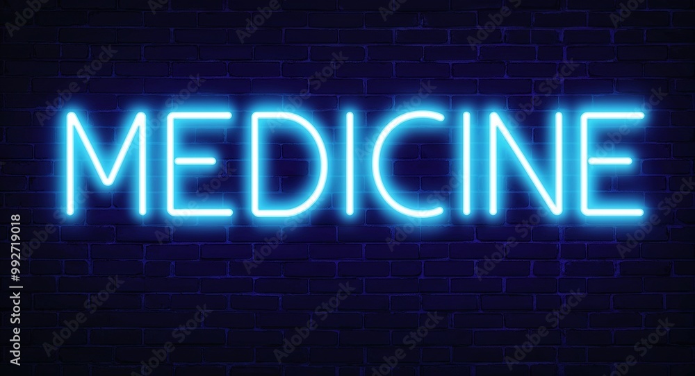 Medicine word lettering glowing with neon light on dark brick wall background Medicine word lettering glowing with neon light on dark brick wall background
