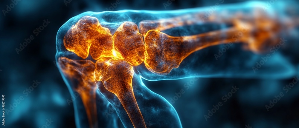 Close-up of an inflamed knee joint, showing bones and ligaments. Close-up of an inflamed knee joint, showing bones and ligaments.