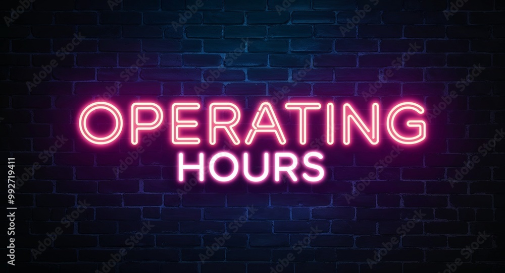 operating hours word lettering glowing with neon light on dark brick wall background operating hours word lettering glowing with neon light on dark brick wall background