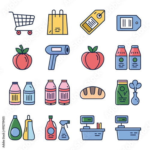 illustrations vector sale offer supper market items icon  for juice and basket ,label ,price , fruits , others 