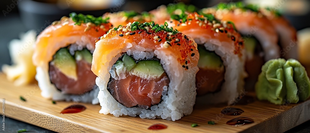 Close-up of salmon sushi rolls with cucumber, avocado and sesame seeds on a wooden board. Close-up of salmon sushi rolls with cucumber, avocado and sesame seeds on a wooden board.