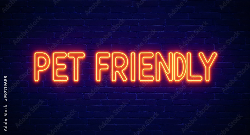Obraz premium pet friendly word lettering glowing with neon light on dark brick wall background