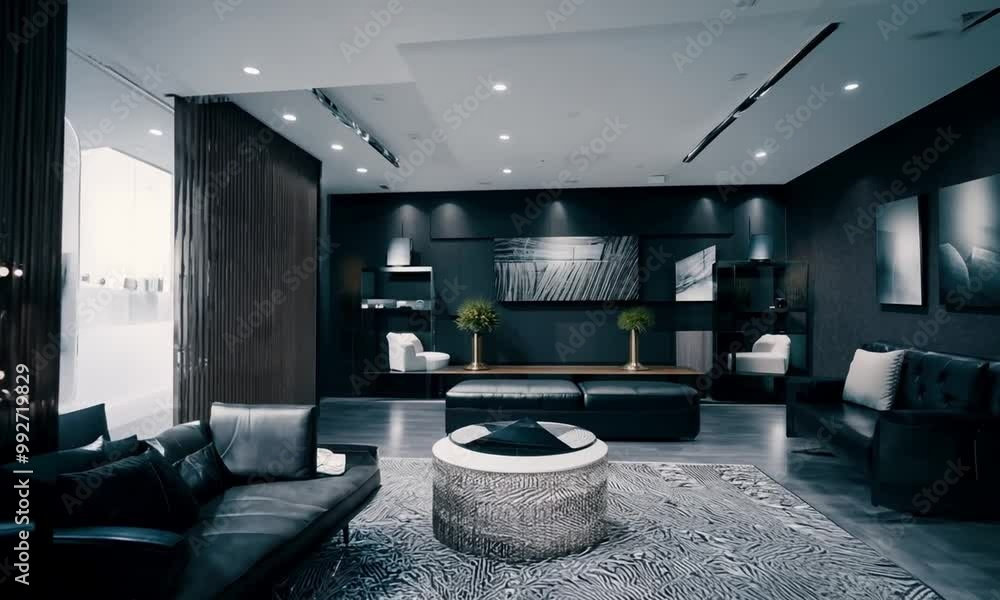 Overhead 3D Rendering: Dark-Toned Men's Living Room, Furniture Overhead 3D Rendering: Dark-Toned Men's Living Room, Furniture