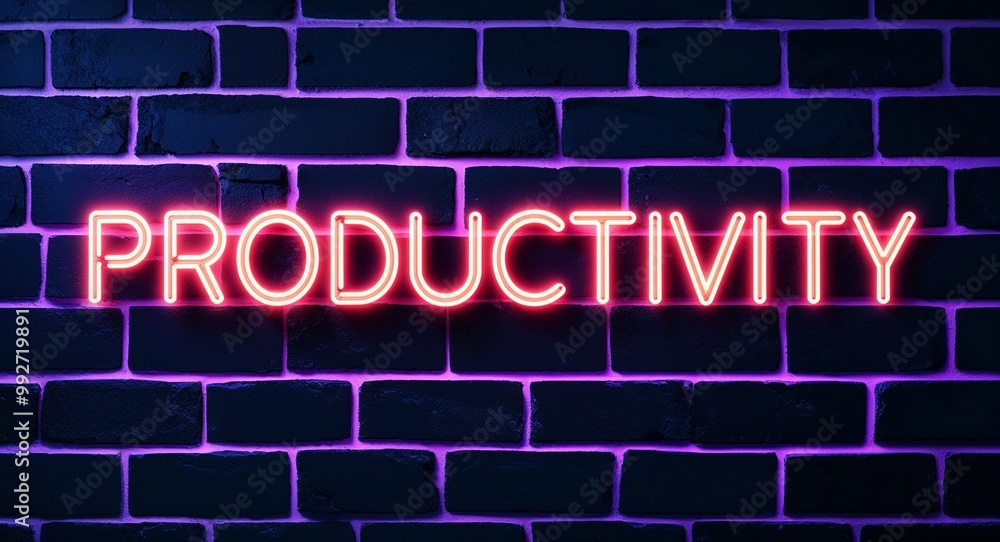 productivity word lettering glowing with neon light on dark brick wall background productivity word lettering glowing with neon light on dark brick wall background