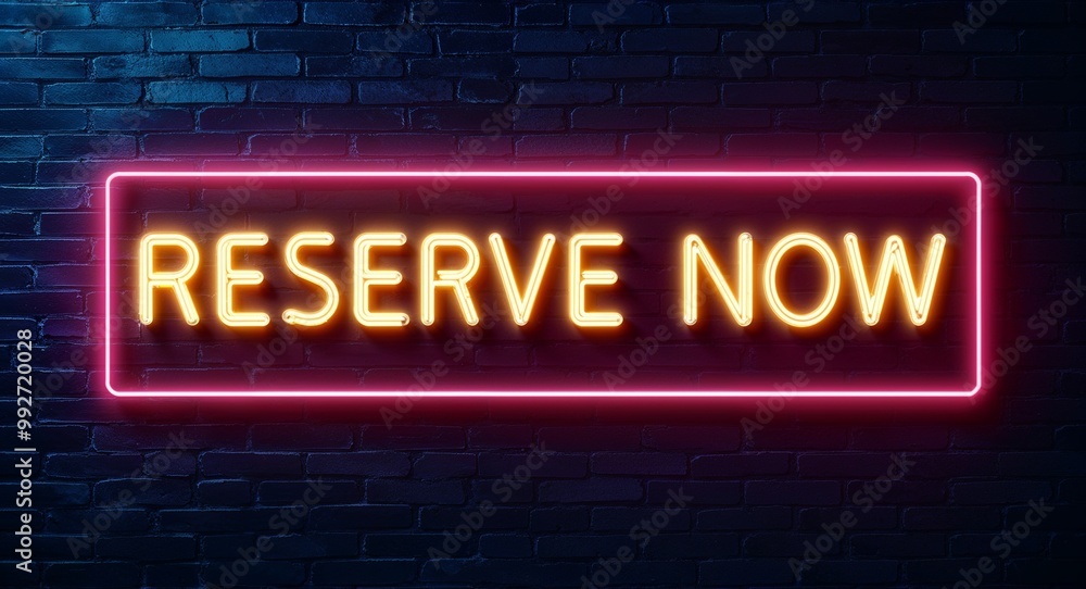 Reserve now word lettering glowing with neon light on dark brick wall background Reserve now word lettering glowing with neon light on dark brick wall background