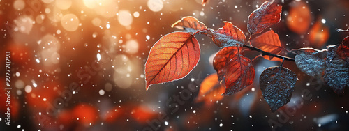 Autumn landscape with colorful leaves, sunslight and morning dew, long horizontal banner photo