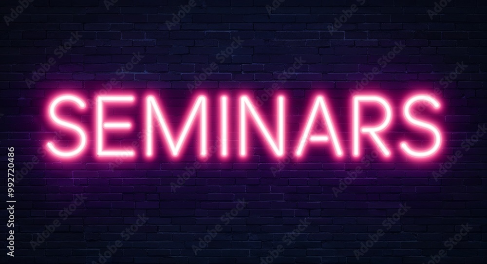 seminars word lettering glowing with neon light on dark brick wall background seminars word lettering glowing with neon light on dark brick wall background