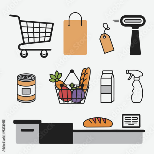 illustrations vector sale offer supper market items icon  for juice and basket ,label ,price , fruits , others 
