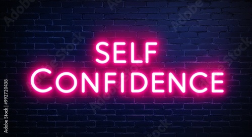 self confidence word lettering glowing with neon light on dark brick wall background