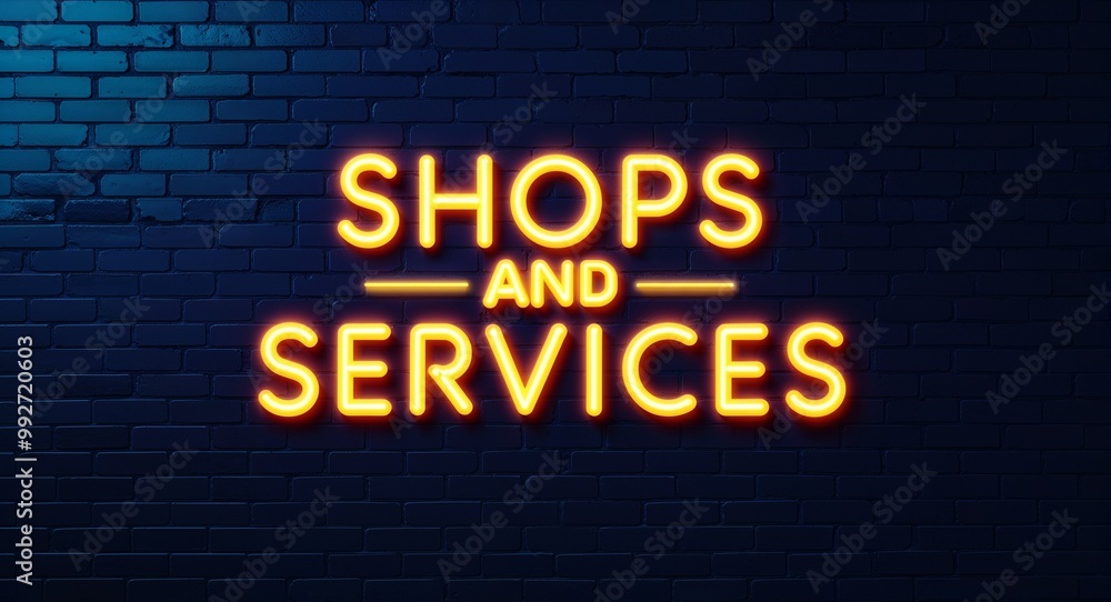 Obraz premium Shops and Services word lettering glowing with neon light on dark brick wall background
