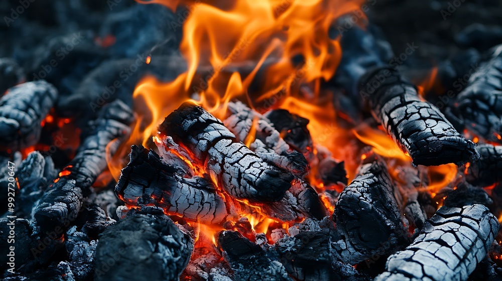 Close-up of burning embers with flames rising from the center. Close-up of burning embers with flames rising from the center.