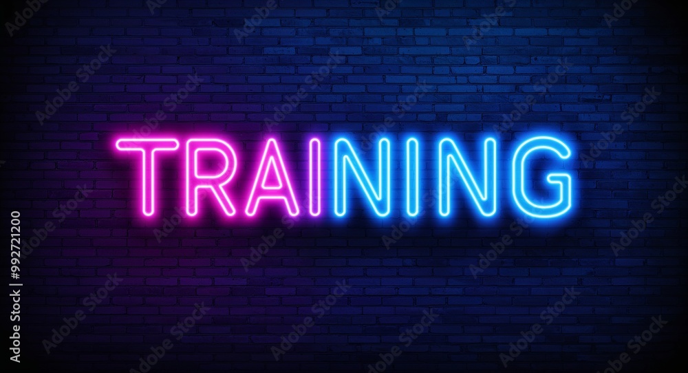 training word lettering glowing with neon light on dark brick wall background training word lettering glowing with neon light on dark brick wall background