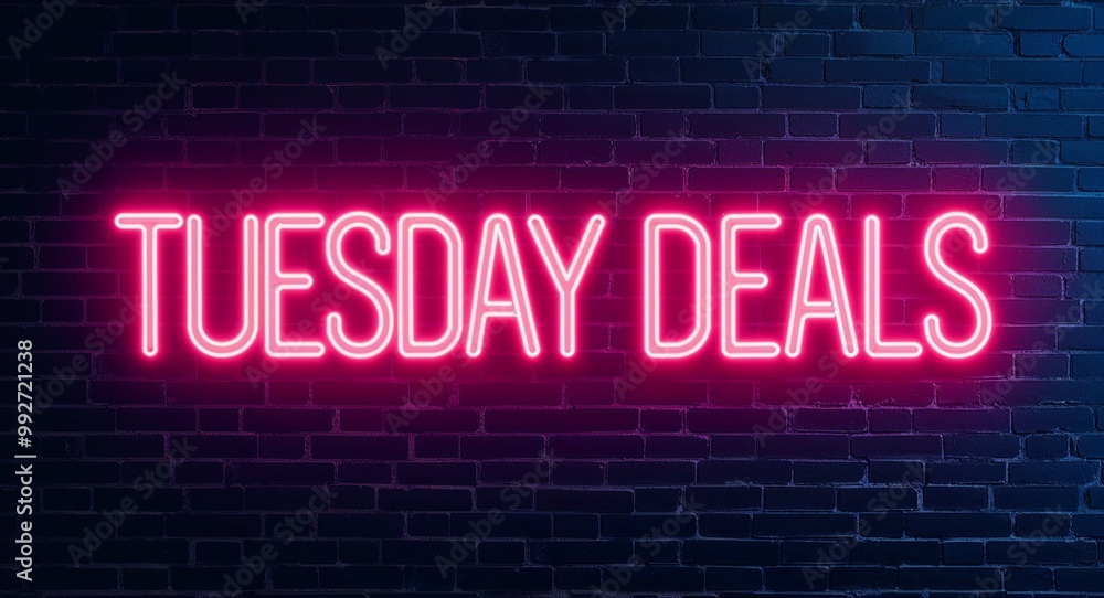 Fototapeta premium Tuesday deals word lettering glowing with neon light on dark brick wall background