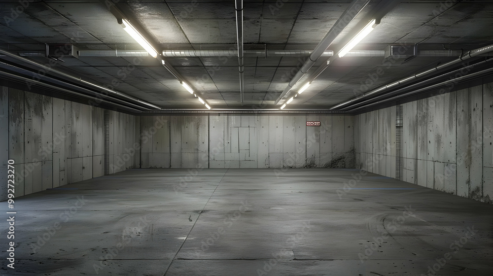 A Concrete Underground Garage With Fluorescent Lights Shining Brightly, Creating a Minimalistic and Modern Ambiance A Concrete Underground Garage With Fluorescent Lights Shining Brightly, Creating a Minimalistic and Modern Ambiance