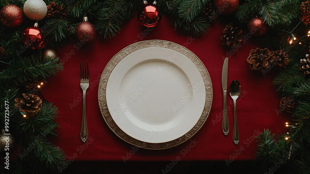 A beautifully arranged holiday table features red plates, candles, and festive decorations, setting the perfect mood for a seasonal gathering A beautifully arranged holiday table features red plates, candles, and festive decorations, setting the perfect mood for a seasonal gathering