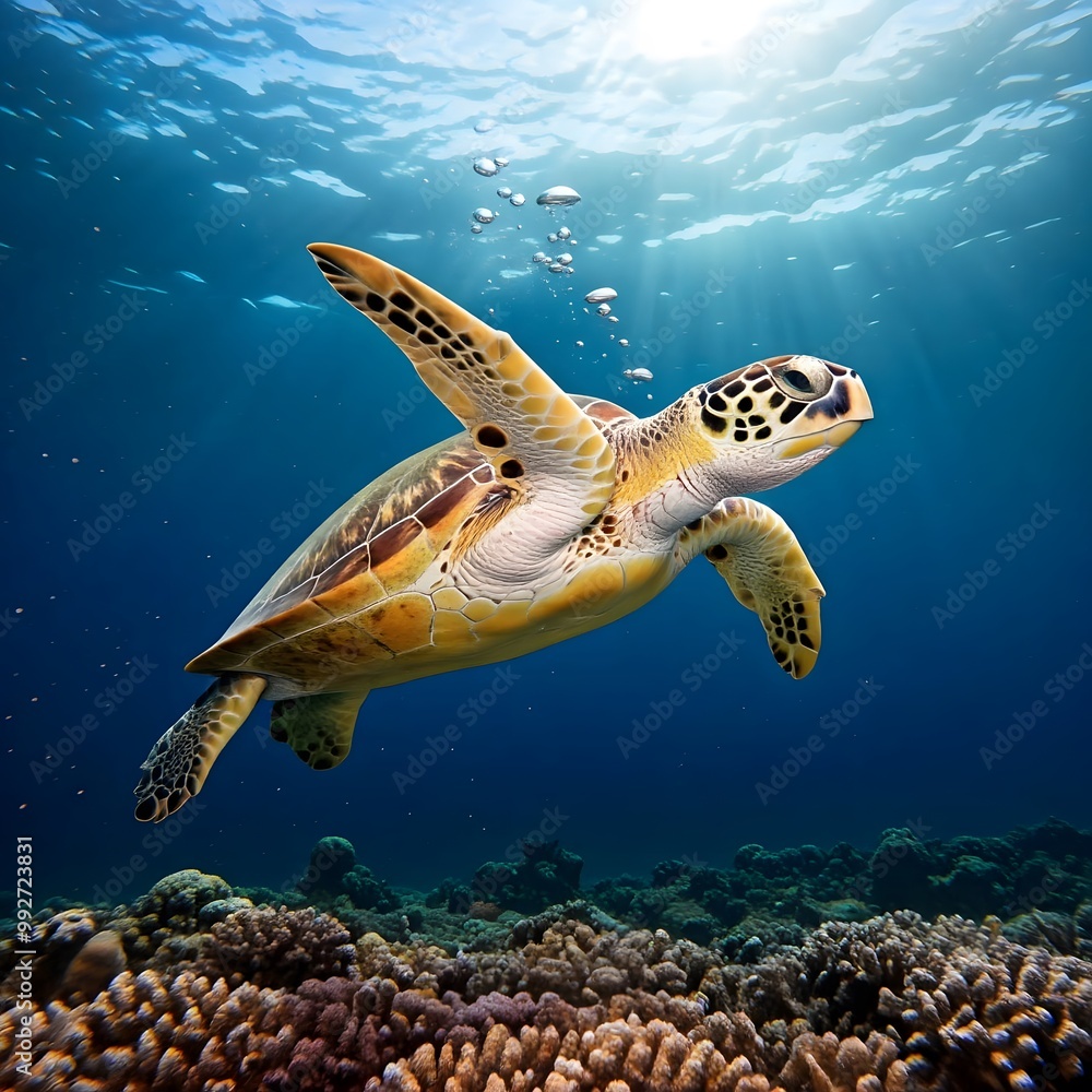 Fototapeta premium Hawksbill Sea Turtle flowing into transparent water ocean