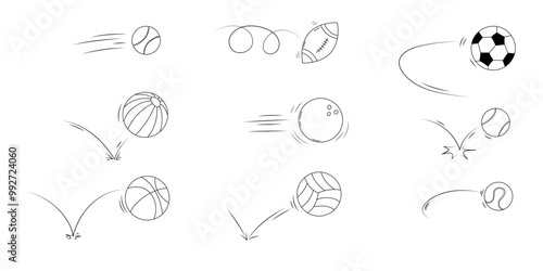 Doodle sport ball trajectory bounce collection. Line hand drawn balls set. 