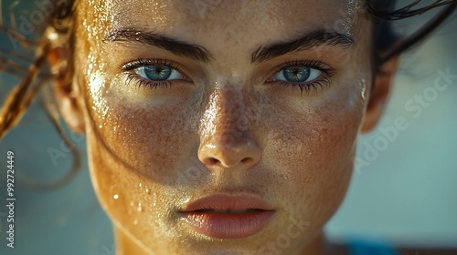 Close-up portrait of a woman with wet skin and blue eyes.