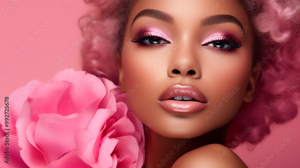 Naklejka premium Beautiful young black woman with flowers and petals on her face. Beauty parlor vertical banner concept, copyspace Pink background. 