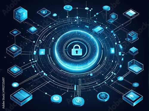 Protecting Data with Padlock Encryption: Cybersecurity and Security Scanning on a Blue Digital Background photo