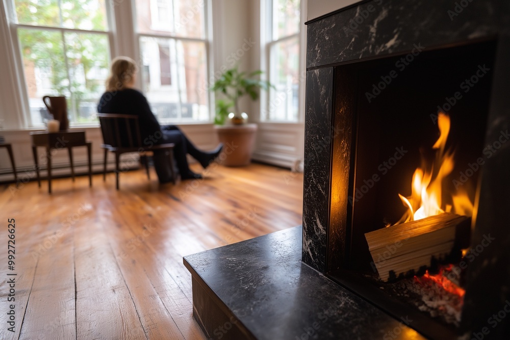 A person sitting by a lit fireplace in a bright room with large windows and natural light streaming in, creating a peaceful and cozy atmosphere with a balance of warmth and light A person sitting by a lit fireplace in a bright room with large windows and natural light streaming in, creating a peaceful and cozy atmosphere with a balance of warmth and light