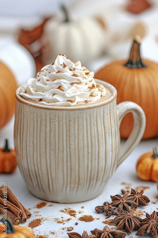 A delicious pumpkin spice latte in a ceramic cup, topped with whipped cream and cinnamon, surrounded by pumpkins, cinnamon sticks, and star anise, creating a festive autumn ambiance A delicious pumpkin spice latte in a ceramic cup, topped with whipped cream and cinnamon, surrounded by pumpkins, cinnamon sticks, and star anise, creating a festive autumn ambiance