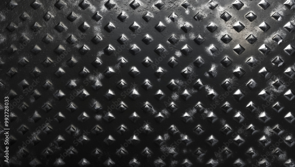 This industrial background features a black metal diamond plate texture with raised diamond patterns, creating a rugged and durable look with subtle highlights and shadows. This industrial background features a black metal diamond plate texture with raised diamond patterns, creating a rugged and durable look with subtle highlights and shadows.