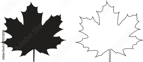 Maple leaf silhouette and outline vector icon set on white background