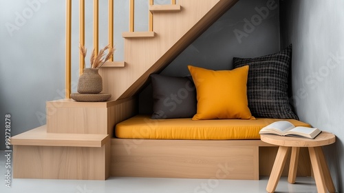 A small, cozy reading nook built under the stairs with bright yellow and dark grey cushions, a wicker basket for decoration, and an open book on a wooden stool, creating a modern and minimalist space photo