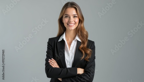 Smiling businesswoman in a formal attire with arms crossed against a gray background.