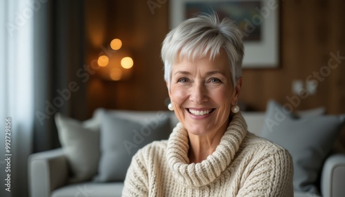 Free Download Smiling senior woman in cozy sweater, bright indoor setting. - GFXLoad