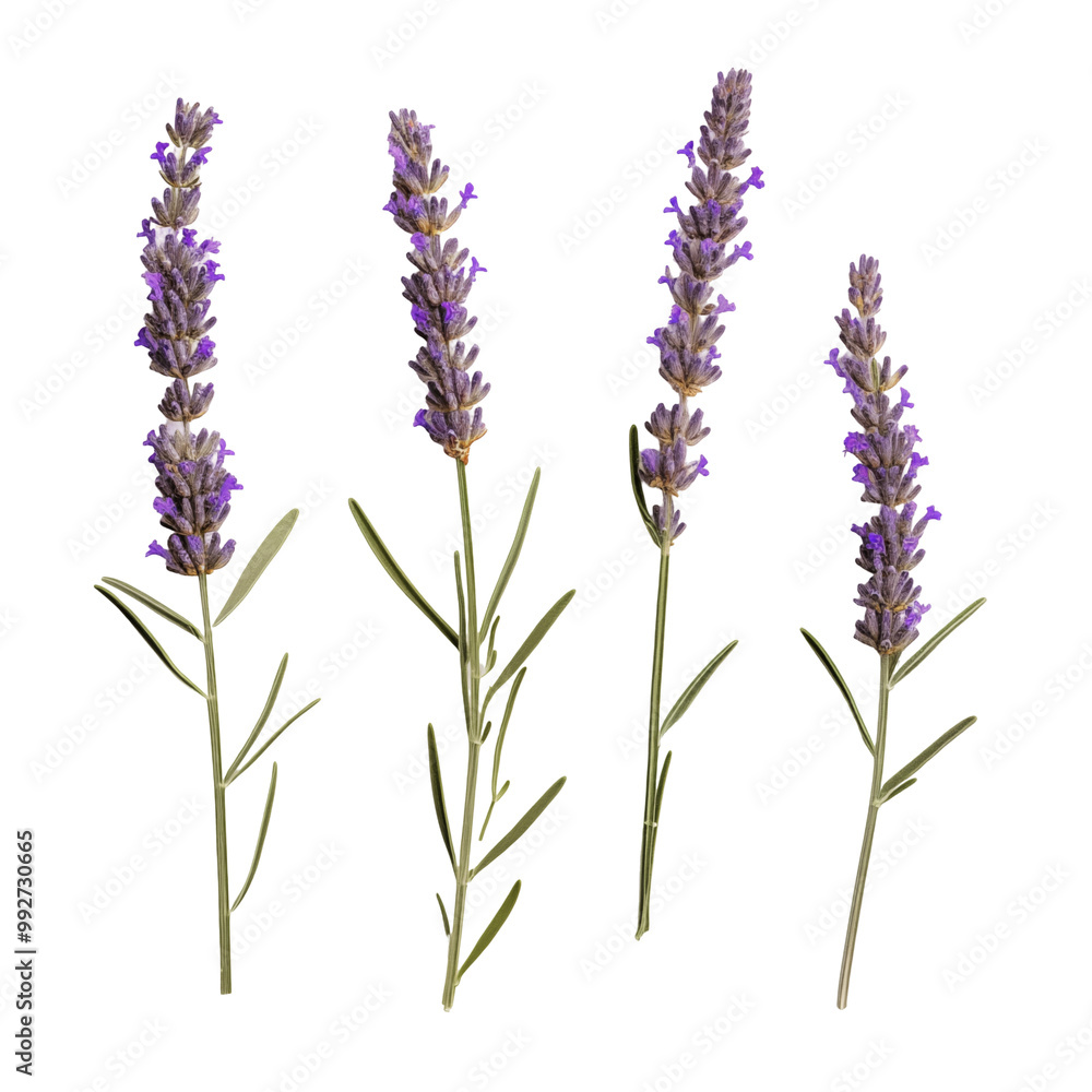 Fototapeta premium Four Lavender Sprigs Arranged Neatly In A Row On White Background