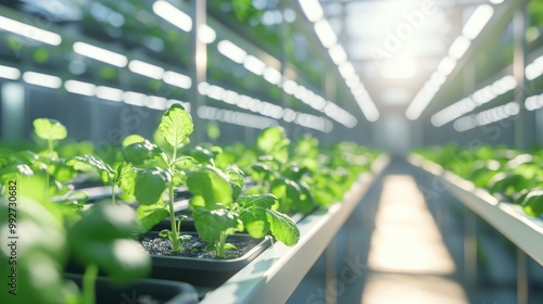 Agricultural greenhouse with hydroponic shelves, advanced technology nurturing plants in a futuristic vertical farm.