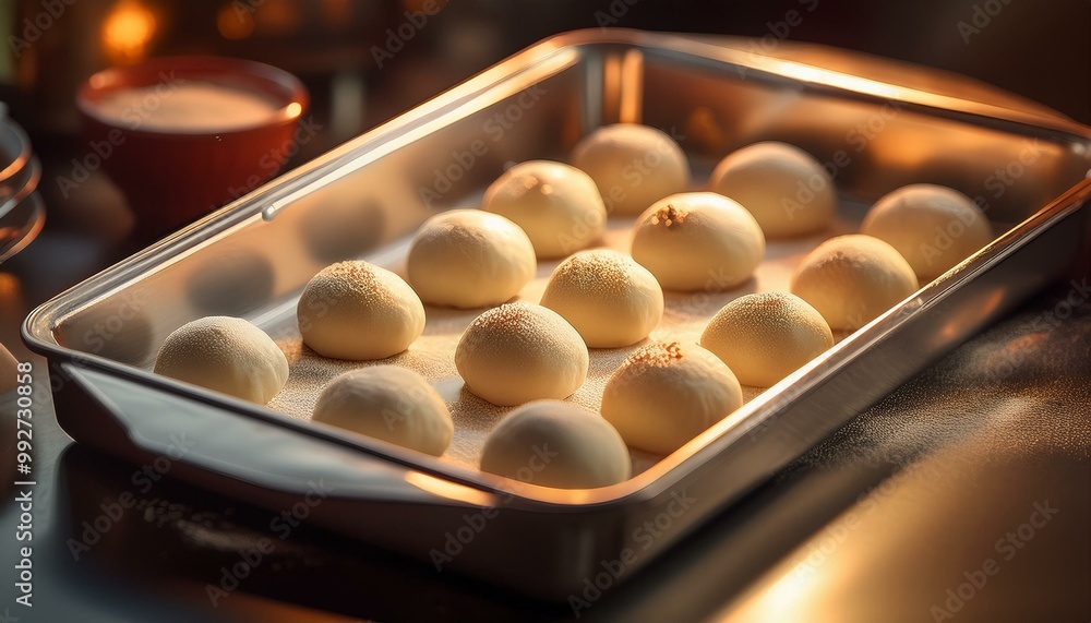 White dough balls in a baking pan White dough balls in a baking pan