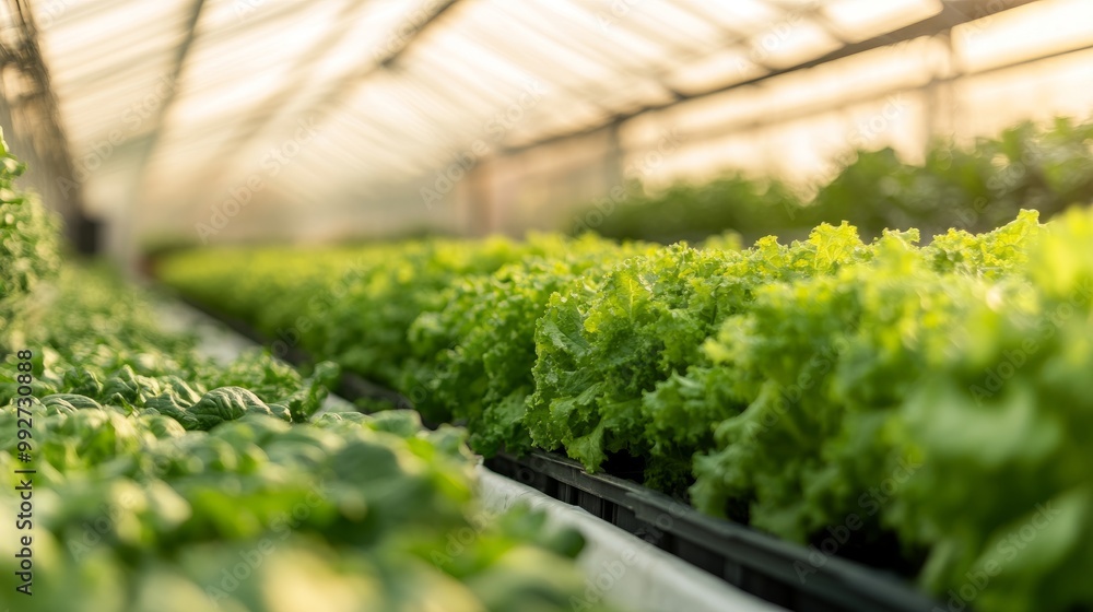 Agricultural greenhouse with modern hydroponic shelving, green produce growing vertically in a tech-heavy facility. Agricultural greenhouse with modern hydroponic shelving, green produce growing vertically in a tech-heavy facility.