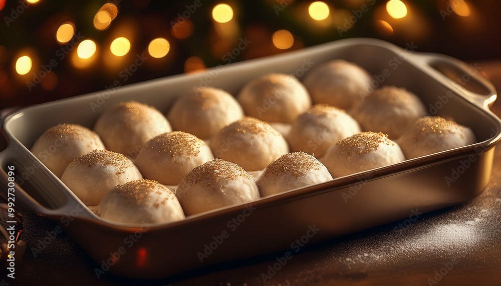 White dough balls in a baking pan White dough balls in a baking pan