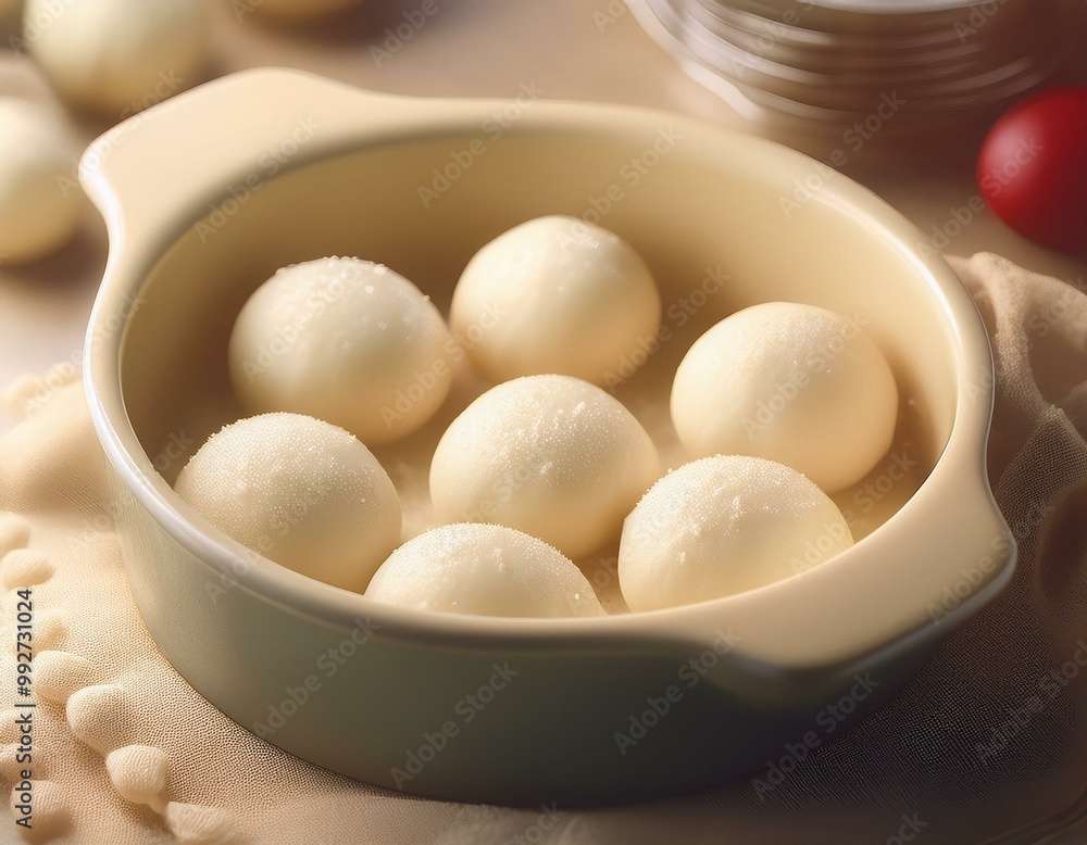 White dough balls in a baking pan White dough balls in a baking pan